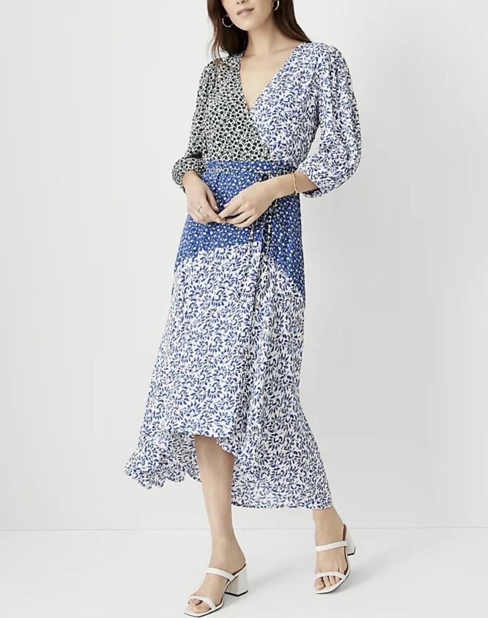 Ann Taylor Dress Womens 18 Blue Floral Wrap Hi Low Midi V Neck Belted 3/4 Sleeve